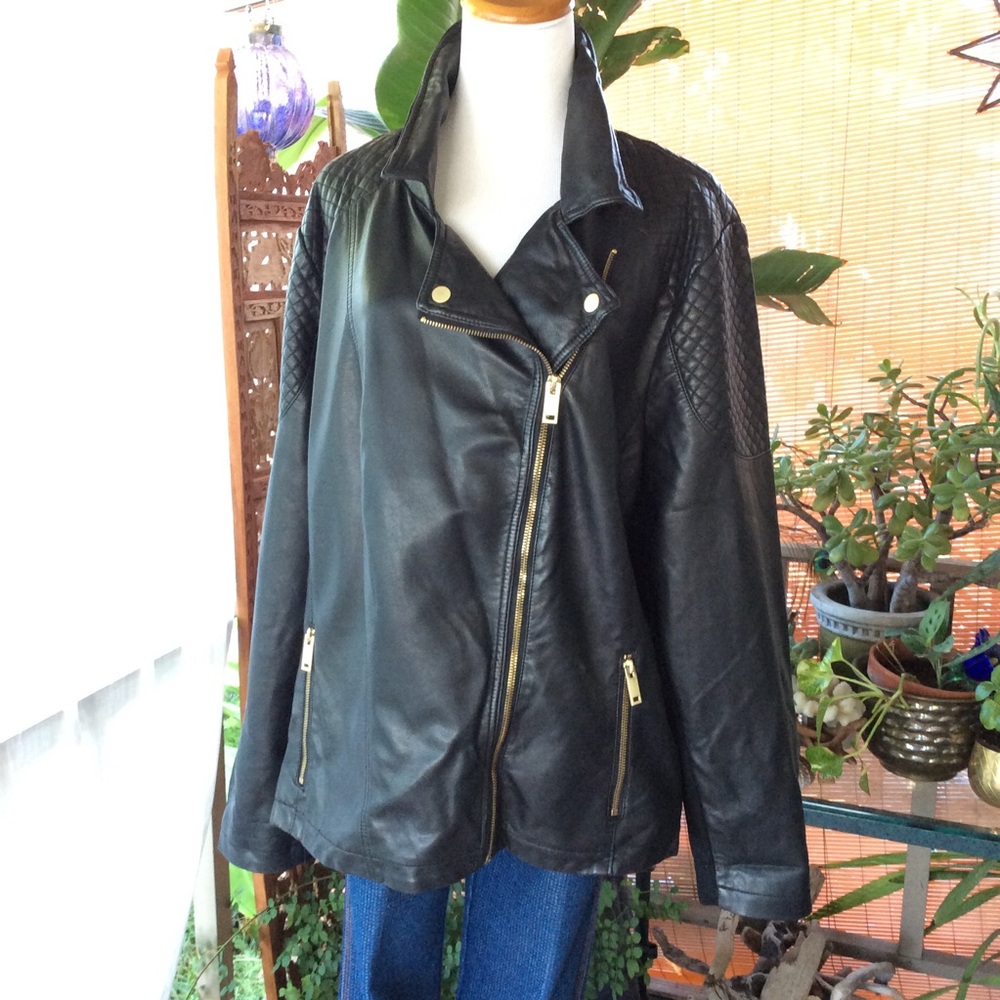 Roz & Ali Moto Quilted Faux Leather Jacket 3x